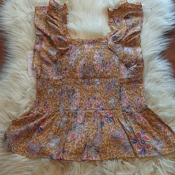 Nanette Lepore Burnt Orange Floral Print Ruched Ruffle Bottom Top, Large, NWT - Picture 12 of 12